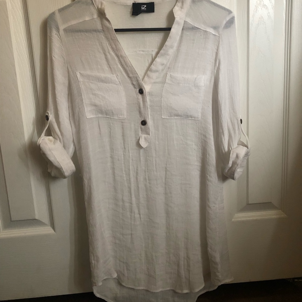 White, flowy throw-over quarter button down blouse
